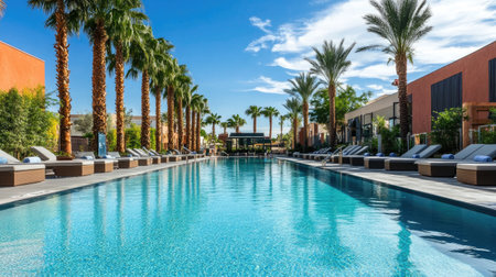 A beautiful poolside scene featuring clear water, palm trees, and bright blue skies, perfect for relaxation and leisure in a picturesque resort setting.の素材