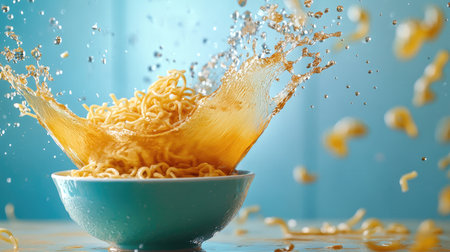 This vibrant image captures ramen noodles splashing in a bowl, showcasing the dynamic and playful nature of food preparation. Perfect for culinary use.の素材