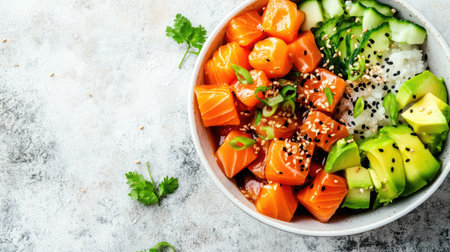 A vibrant sushi bowl featuring fresh salmon, avocado, and cucumber over rice, garnished with sesame seeds. A healthy and delicious meal option.の素材