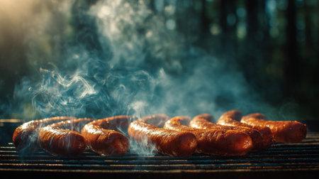 Mouth-watering grilled sausages are sizzling on a barbecue grill, surrounded by smoke in an enchanting forest setting with beautiful evening light and bokeh effect.の素材
