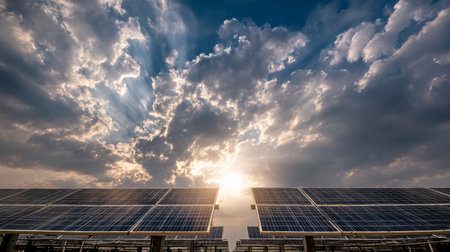 This captivating image features solar panels basking in sunlight beneath a dramatic sky filled with clouds. The energy landscape illustrates the beauty of renewable technology.の素材