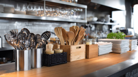 A visually appealing kitchen counter showcases an array of cooking tools and fresh ingredients in a contemporary restaurant setting, highlighting culinary artistry.の素材