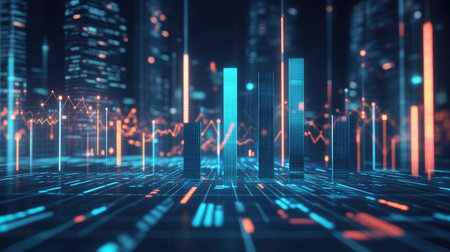 A vibrant futuristic cityscape featuring glowing skyscrapers and dynamic data visualizations, representing technology, innovation, and urban development.の素材