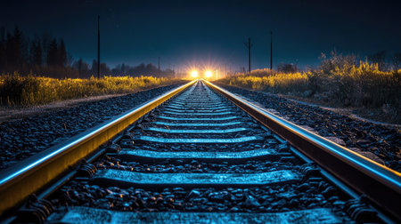 A serene night view of railway tracks under a starry sky, with two glowing train lights approaching in the distance. Perfect for travel-themed projects.の素材