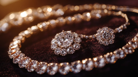 Closeup of an elegant diamond necklace and earring set, featuring intricate designs and sparkling stones, resting on a rich velvet background.の素材
