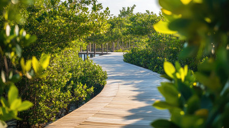 A peaceful wooden walkway meanders through dense green mangroves, offering a serene escape into nature. Experience tranquility and vibrant landscapes.の素材