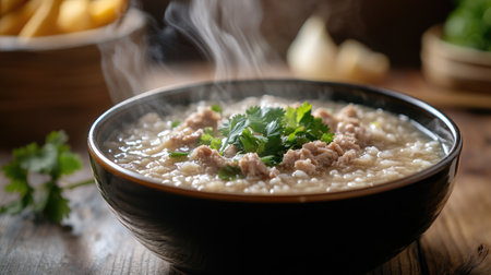 A steaming bowl of savory soup, topped with fresh herbs, offers a comforting meal perfect for cozy gatherings or daily nourishment. Ideal for culinary uses.の素材