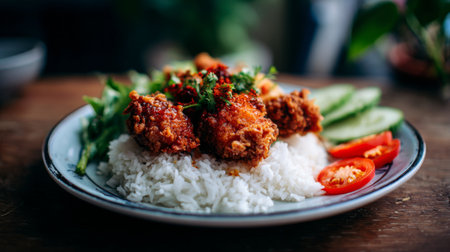 A vibrant plate featuring crispy fried chicken served over fluffy white rice, decorated with fresh vegetables and a hint of spicy sauce for an appetizing presentation.の素材