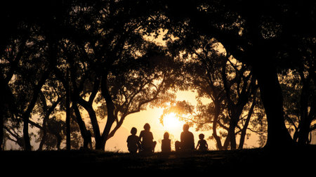 A beautiful silhouette of a family sitting together, enjoying a captivating sunset framed by lush trees, creating a serene atmosphere perfect for cherished memories.の素材