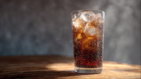 A close-up of a tall glass filled with cola, ice cubes sparkling as they float inside, perfect for refreshing moments during hot summer days.の素材