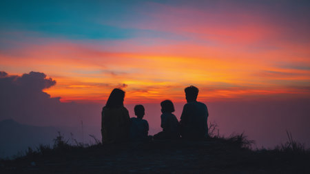 A peaceful scene featuring a family silhouetted against a vibrant sunset, capturing the essence of togetherness and the beauty of nature during the evening.の素材