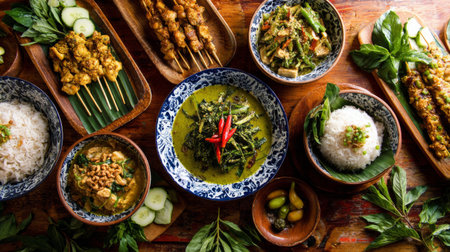 Explore a vibrant array of traditional Asian dishes, from grilled meat skewers to flavorful vegetable preparations, beautifully arranged for an unforgettable dining experience.の素材