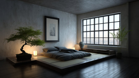 This minimalist bedroom features soft lighting and natural elements, creating a serene and peaceful atmosphere perfect for relaxation and tranquility in any living space.の素材