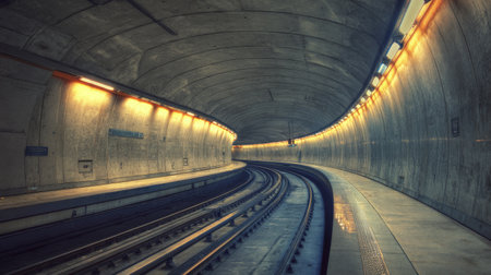 A captivating view of an underground tunnel, featuring smooth concrete walls and illuminated tracks. The curved design creates a unique urban transportation experience.の素材