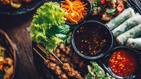 A vibrant display of diverse Asian cuisine showcasing fresh ingredients, grilled meat skewers, spring rolls, and colorful vegetables, perfect for food lovers.の素材