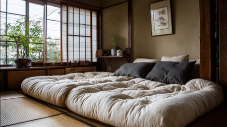 Experience the calming ambiance of a Japanese bedroom featuring futon bedding and natural light, perfect for a serene retreat in a minimalist setting.の素材