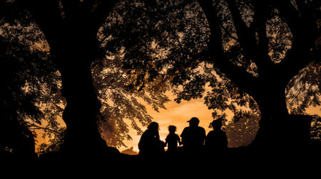 A heartwarming silhouette of a family gathered beneath trees, enjoying a colorful sunset. The warm orange sky creates a serene backdrop for togetherness and peace.の素材