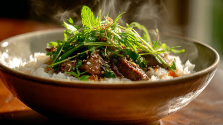 This image showcases a beautifully arranged bowl of rice topped with succulent meat and fresh herbs, emanating steam and inviting warmth, perfect for food lovers.の素材