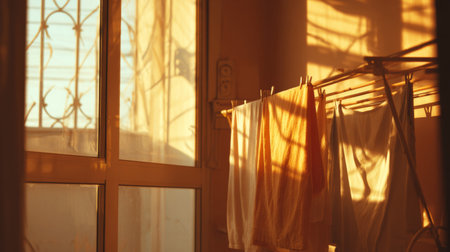 A serene indoor scene featuring sunlight filtering through a window onto laundry hanging on a rack. Warm tones create a cozy atmosphere, perfect for home dの素材