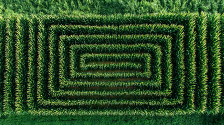 Captured from above, this stunning aerial image showcases an intricate green corn maze, highlighting vibrant crops amidst a sunny landscape, inviting exploration and adventure.の素材