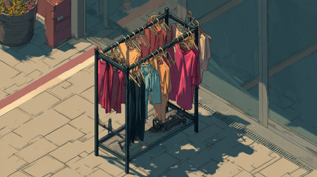 A vibrant display of hanging clothing on a rack in an urban setting, showcasing unique fashion styles and rich colors. Ideal for fashion and retail themes.の素材