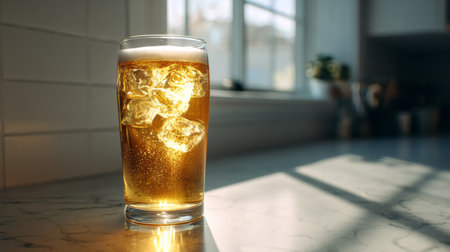 A refreshing glass of chilled beer filled with ice cubes, illuminated by soft natural light in a cozy kitchen setting, perfect for summer gatherings.の素材