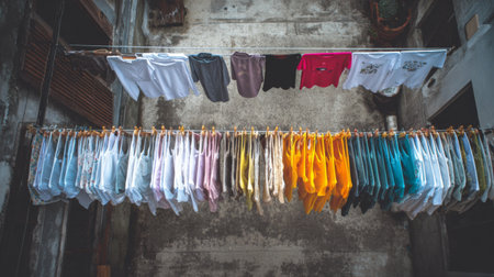A vibrant display of assorted clothing items hanging on a clothesline creates a cheerful atmosphere in an urban environment, showcasing a rustic backdrop.の素材