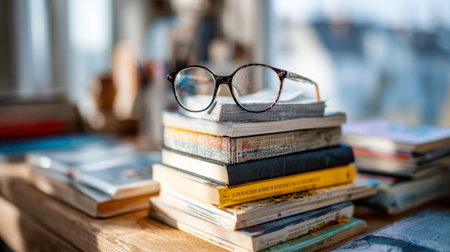 A serene workspace featuring a pair of stylish glasses resting atop a stack of neatly arranged books on a wooden table, softly illuminated by natural light.の素材