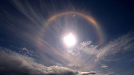 A stunning display of nature featuring a rainbow halo around the sun, set against a backdrop of wispy clouds and vibrant colors, showcasing diverse atmospheric phenomena.の素材