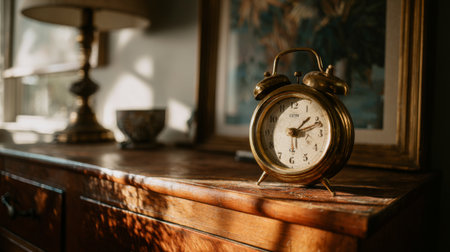 A vintage alarm clock rests on a polished wooden surface, illuminated by soft natural light, creating a serene and nostalgic atmosphere perfect for any interior decor.の素材