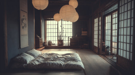 Discover a serene Japanese interior featuring traditional paper lanterns and minimalist bedding. Perfect for relaxation, this space embodies tranquility and elegance.の素材