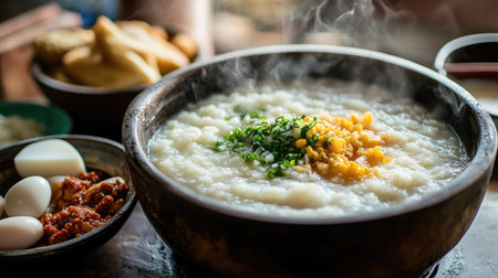 A steaming bowl of rice porridge topped with corn and green onion, perfect for a cozy breakfast or comforting meal. Enjoy the warm flavors!の素材