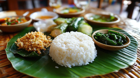 A vibrant traditional meal featuring rice and fresh vegetables served on a banana leaf plate, showcasing the beauty of Asian cuisine and culture.の素材