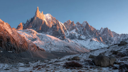 Stunning mountain landscape captured at sunrise, showcasing snow-covered peaks and rocky terrain, perfect for nature enthusiasts and adventure seekers.の素材
