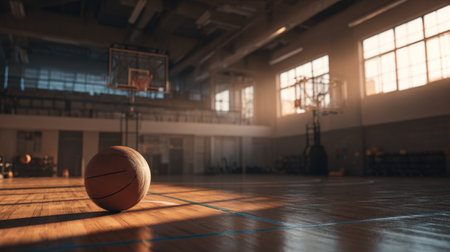 An inviting scene of an empty basketball court bathed in warm sunlight, featuring a single basketball resting on the polished wooden floor, evoking a sense of tranquility and focus.の素材