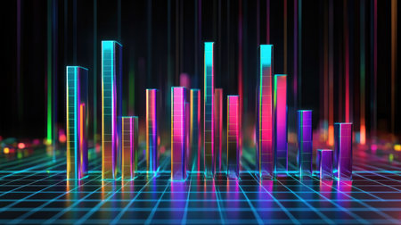 A stunning neon-themed data visualization featuring vibrant bars and glowing effects. Ideal for technology, finance, and digital designs, showcasing modern aesthetics.の素材