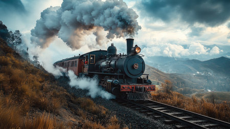 A captivating vintage steam train travels along a scenic mountainous route, enveloped in clouds of smoke, showcasing the beauty of nature and travel.の素材
