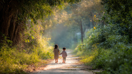 Two young children stroll hand in hand along a peaceful pathway, surrounded by vibrant greenery and soft morning light, capturing a moment of innocent joy and adventure.の素材