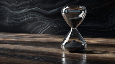 A sleek hourglass filled with black sand stands prominently on a wooden table, emphasizing the notion of time passing. The dark wall adds depth and contrast.の素材