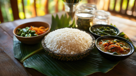 A beautiful arrangement of fresh rice accompanied by colorful vegetable dishes on a leafy platter, showcasing vibrant and nutritious cuisine.の素材