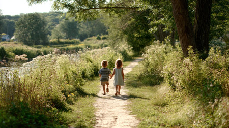 This charming image depicts two young children walking hand in hand along a scenic pathway framed by lush greenery and wildflowers, capturing the essence of childhood exploration and friendship.の素材