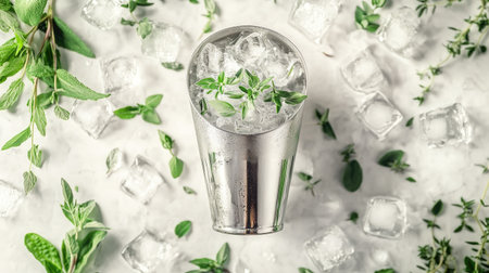 A sleek cocktail shaker filled with ice and fresh mint sits amidst scattered herbs and ice cubes, embodying a fresh and inviting drink preparation scene.の素材
