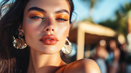 A stylish young woman showcases vibrant makeup against a sunny beach backdrop, radiating confidence and elegance in a cheerful summer setting.の素材