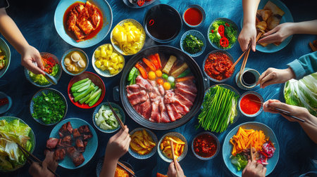 A vibrant hot pot meal featuring an array of fresh ingredients and dipping sauces set on a lively table. Perfect for sharing among friends and family.の素材