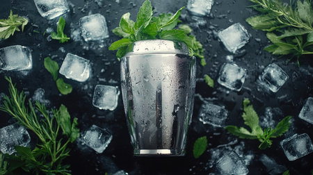 A stylish cocktail shaker surrounded by fresh mint, herbs, and ice cubes. Perfect for showcasing mixology in a vibrant beverage preparation setting.の素材