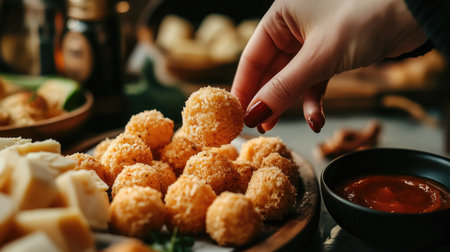 A hand reaches for a delicious round snack from a platter. This vibrant scene showcases a variety of snacks paired with a savory dip, perfect for gatherings.の素材