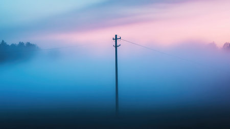 A tranquil scene featuring a solitary pole emerging from thick fog during dusk. The ethereal blend of colors in the sky complements the stillness of the landscape.の素材