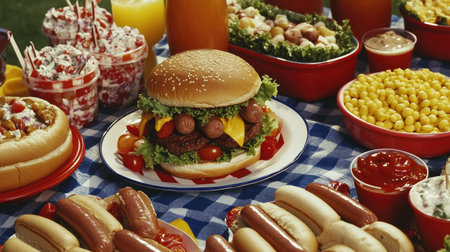 A vibrant summer BBQ scene featuring a delicious burger, hot dogs, and colorful side dishes, perfect for outdoor gatherings and celebrations.の素材
