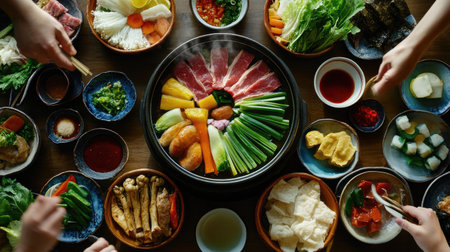 Enjoy a vibrant hotpot dining scene featuring an array of fresh ingredients, inviting flavors, and a communal atmosphere perfect for gatherings.の素材