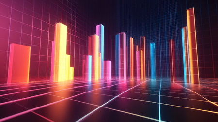 A vibrant neon-style data visualization featuring colorful bars and columns. This futuristic graphic captures the essence of data analysis and modern design.の素材